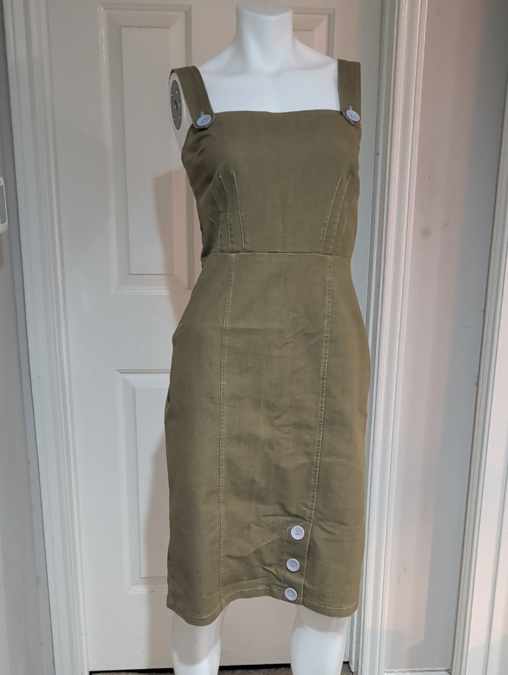 Vintage E.C. Star Olive Green Button Accent Pinafore Dress Women's Medium